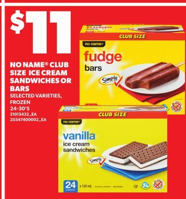 NO NAME® CLUB SIZE ICE CREAM SANDWICHES OR BARS, 24-30'S from Loblaws City Market