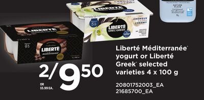 Liberté Méditerranée yogurt or Liberté Greek, 4 x from Zehrs