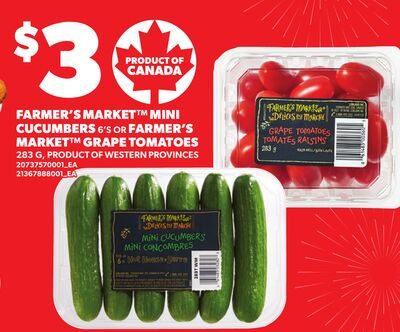 FARMER'S MARKET™ MINI CUCUMBERS, 6'S OR FARMER'S MARKET™ GRAPE TOMATOES from Loblaws City Market