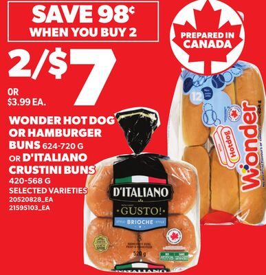 WONDER HOT DOG OR HAMBURGER BUNS OR D'ITALIANO CRUSTINI BUNS from Loblaws City Market