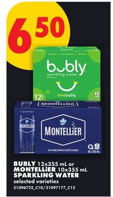 BUBLY, 12X355 ML OR MONTELLIER, 16X355 ML SPARKLING WATER from No Frills