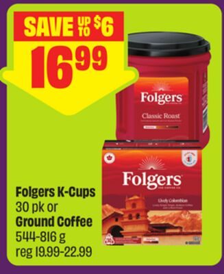 Folgers K-Cups 30 pk or Ground Coffee from FreshCo