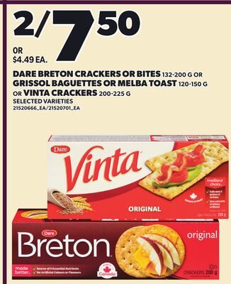 DARE BRETON CRACKERS OR BITES OR GRISSOL BAGUETTES OR MELBA TOAST OR VINTA CRACKERS from Your Independent Grocer