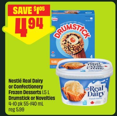 Nestlé Real Dairy or Confectionery Frozen Desserts Drumstick or Novelties 4-10 pk from FreshCo