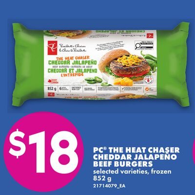 PC® THE HEAT CHASER CHEDDAR JALAPEÑO BEEF BURGERS from No Frills
