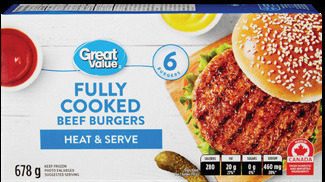 Great Value beef or chicken burgers or fully cooked burgers from Walmart Canada