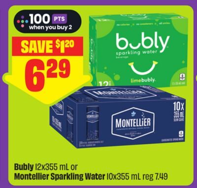 Bubly 12x355 mL or Montellier Sparkling Water 10x355 mL from FreshCo