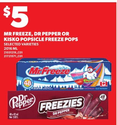 MR FREEZE, DR PEPPER OR KISKO POPSICLE FREEZE POPS from Your Independent Grocer