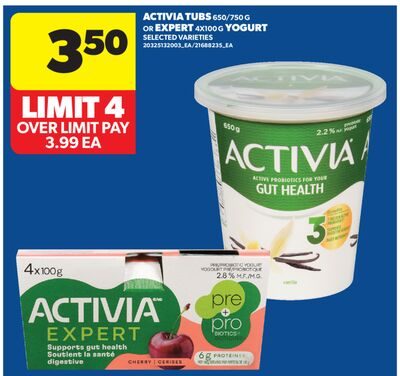 ACTIVIA TUBS OR EXPERT 4X100 G YOGURT from Real Canadian Superstore