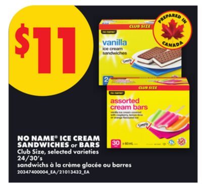 NO NAME® ICE CREAM SANDWICHES OR BARS, 24/30'S from No Frills