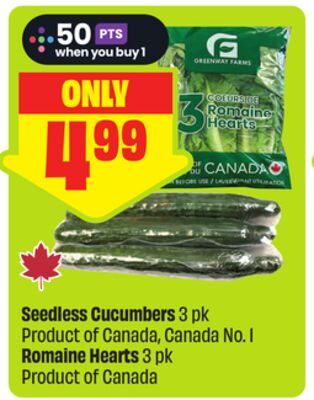 Seedless Cucumbers 3 pk Romaine Hearts 3 pk Product of Canada from FreshCo